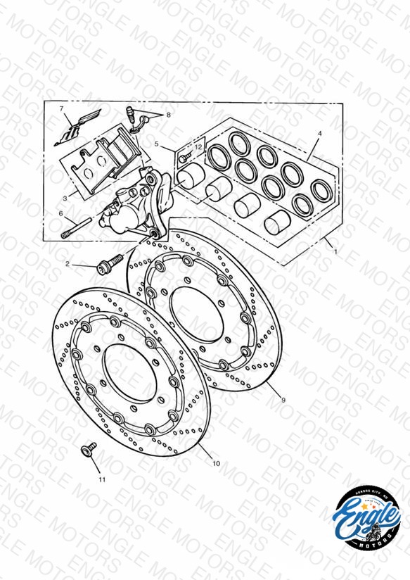 Front Brake Caliper and Disc 4 Cyl VIN4902», 3 Cyl VIN9083», First edition models