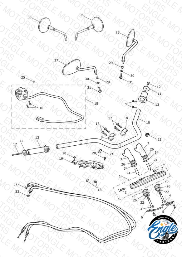 Handlebars, Top Yoke, Cables & Mirrors